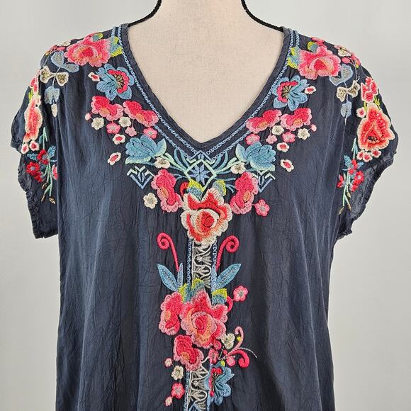 Johnny Was Embroidered Tunic Mini Dress Gray Rayon | Women's Small - Picture 4 of 16